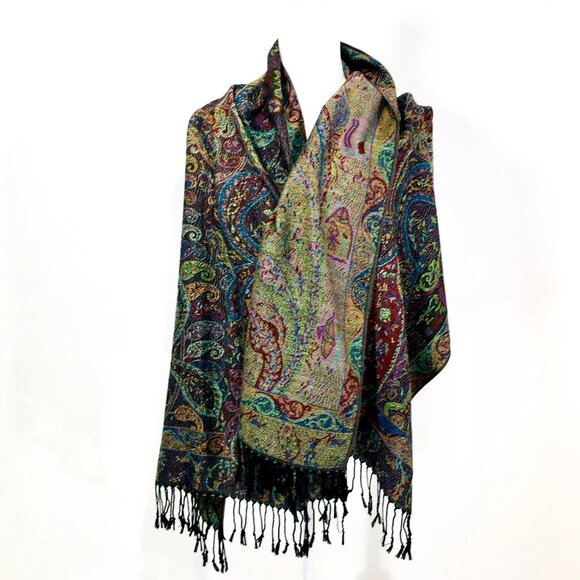 Luxe Pashmina Blue/Teal Shawl Wrap Scarf Reversible Paisley 100% Cashmere